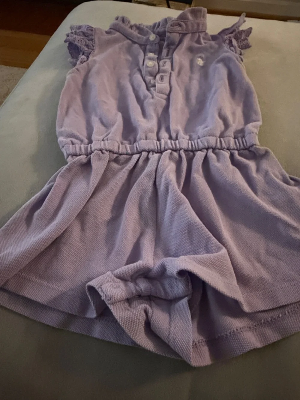 Ralph Lauren Lavender Pique Girls' Romper with Lace Sleeves